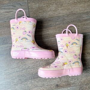 Pink Kids Rain Boots with Rainbow & Strawberry Print size 9/10